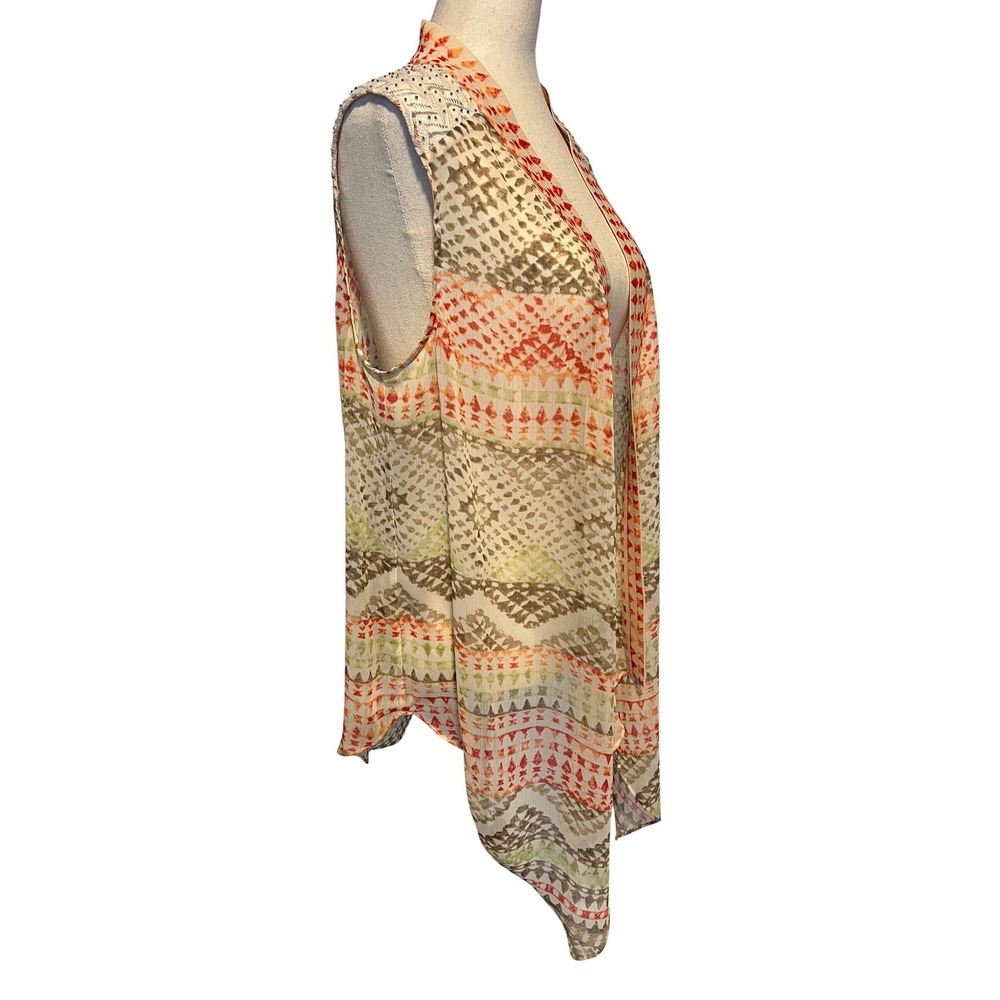 Chico's Size 1 Sheer Kimono‎ Orange Tan Tribal Beaded Crochet Lace Boho Topper